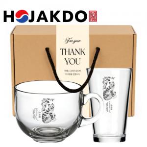 한국전통 호작도 시리얼볼 요거트볼 샤이닝 글라스컵 2P 선물세트